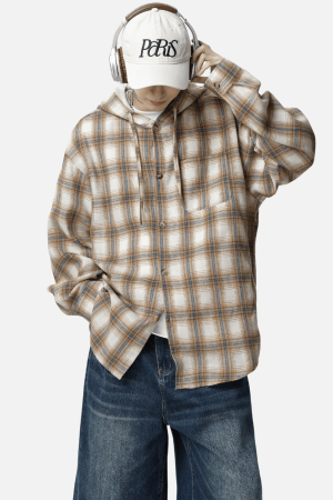Style Core Aesthetics, New Style Trends Colorblock Plaid Hooded Shirt