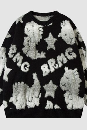 Style Core Aesthetics, New Style Trends Colorful Dinosaur Jacquard Pullover