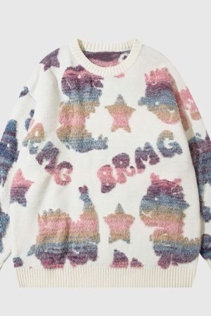 Style Core Aesthetics, New Style Trends Colorful Dinosaur Jacquard Pullover
