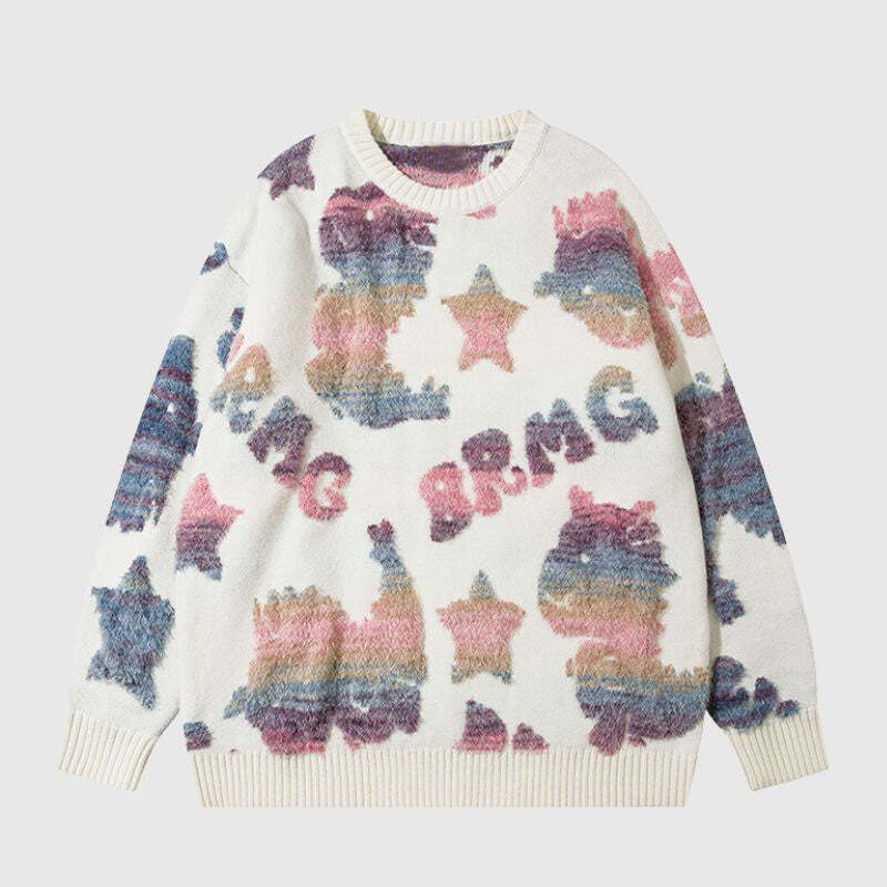 Style Core Aesthetics, New Style Trends Colorful Dinosaur Jacquard Pullover
