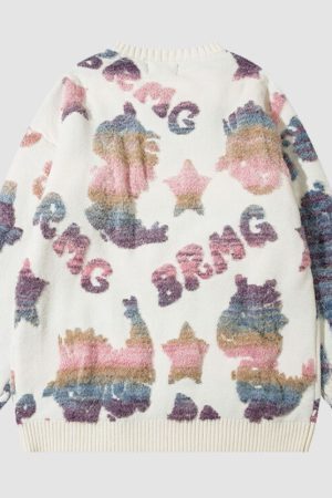 Style Core Aesthetics, New Style Trends Colorful Dinosaur Jacquard Pullover