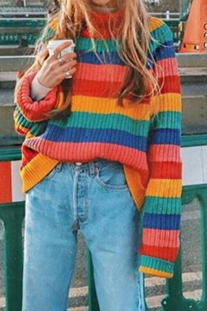Style Core Aesthetics, New Style Trends Colorful Striped Turtleneck Sweater