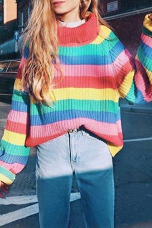 Style Core Aesthetics, New Style Trends Colorful Striped Turtleneck Sweater