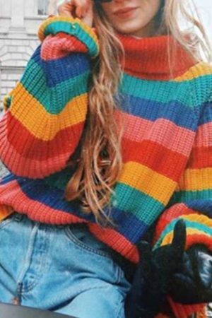 Style Core Aesthetics, New Style Trends Colorful Striped Turtleneck Sweater
