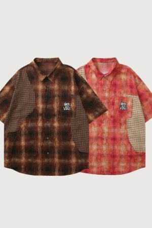 Style Core Aesthetics, New Style Trends Contrast Patchwork Plaid Shirts