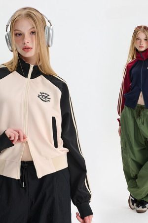 Style Core Aesthetics, New Style Trends Contrast Stripe Sleeve Short Collar Jacket