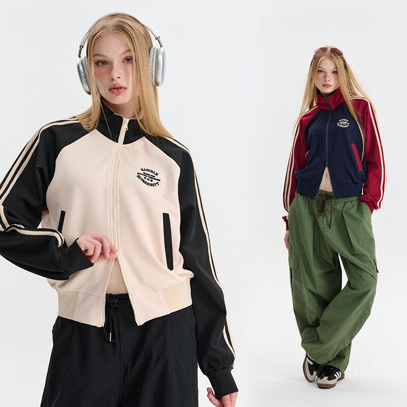 Style Core Aesthetics, New Style Trends Contrast Stripe Sleeve Short Collar Jacket Style Core Aesthetics, New Style Trends Contrast Stripe Sleeve Short Collar Jacket