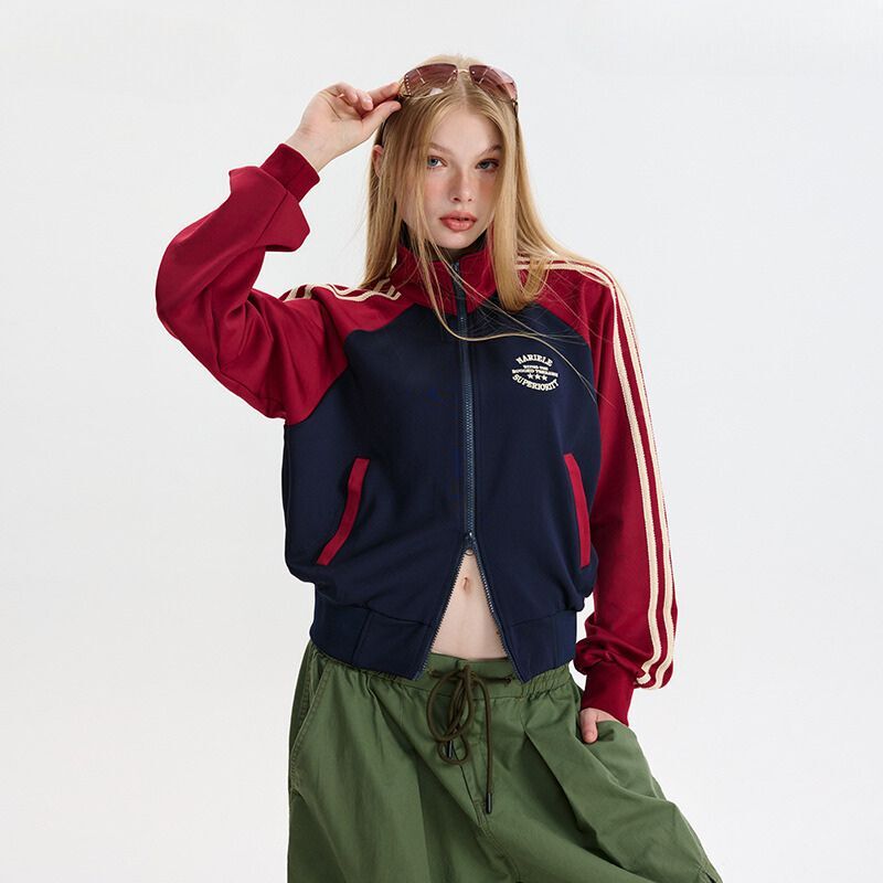 Style Core Aesthetics, New Style Trends Contrast Stripe Sleeve Short Collar Jacket Style Core Aesthetics, New Style Trends Contrast Stripe Sleeve Short Collar Jacket