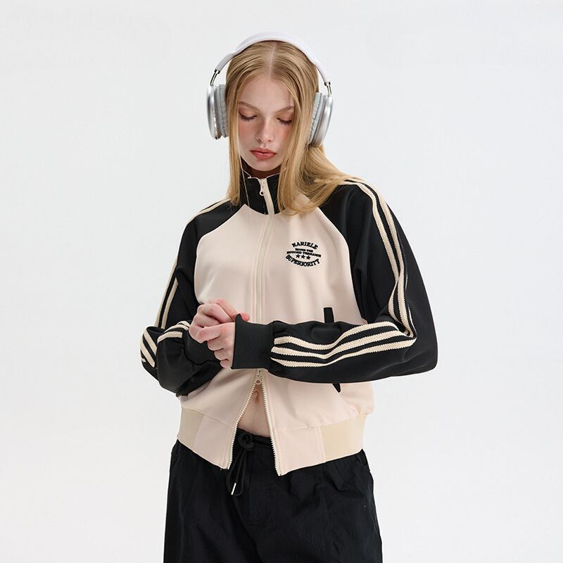 Style Core Aesthetics, New Style Trends Contrast Stripe Sleeve Short Collar Jacket Style Core Aesthetics, New Style Trends Contrast Stripe Sleeve Short Collar Jacket