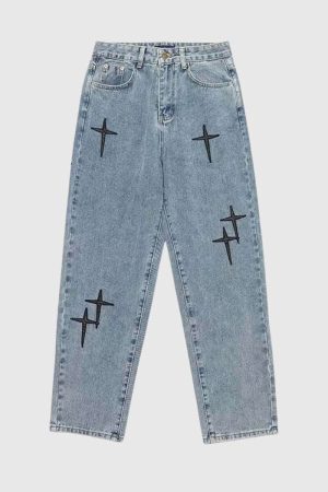 Style Core Aesthetics, New Style Trends Cross Embroidered Denim Jeans