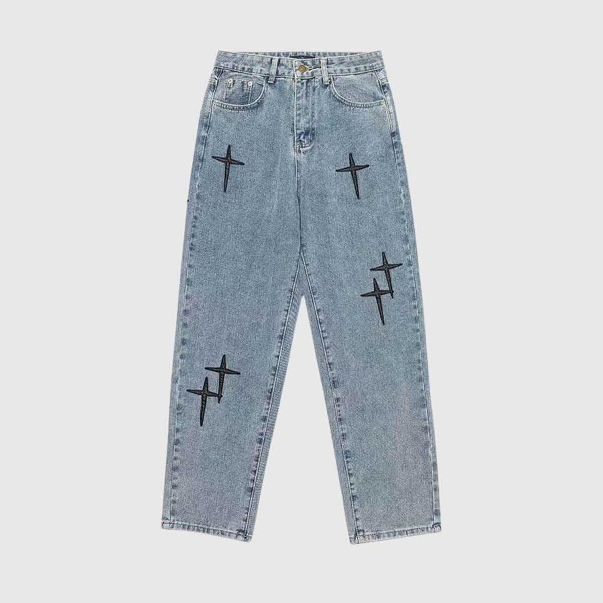 Style Core Aesthetics, New Style Trends Cross Embroidered Denim Jeans