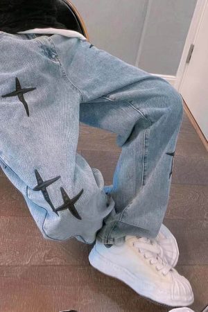 Style Core Aesthetics, New Style Trends Cross Embroidered Denim Jeans