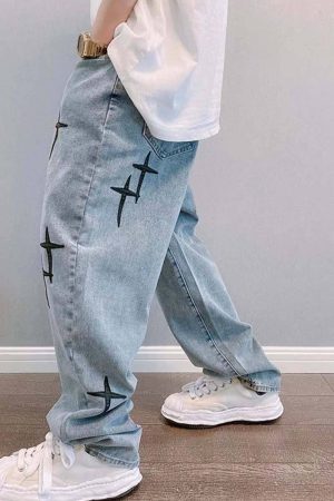 Style Core Aesthetics, New Style Trends Cross Embroidered Denim Jeans