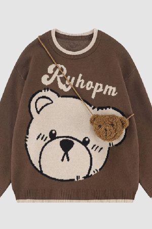 Style Core Aesthetics, New Style Trends Cute Bear Print Knit Sweater + Bear Mini Bag