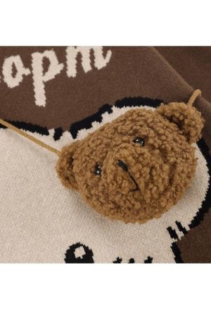 Style Core Aesthetics, New Style Trends Cute Bear Print Knit Sweater + Bear Mini Bag