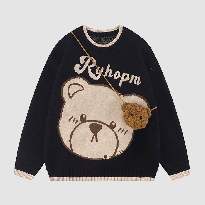 Style Core Aesthetics, New Style Trends Cute Bear Print Knit Sweater + Bear Mini Bag