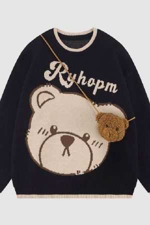 Style Core Aesthetics, New Style Trends Cute Bear Print Sweater + Bear Mini Bag