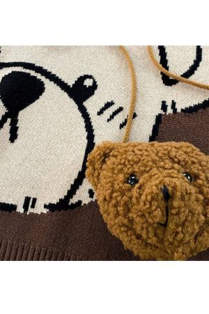 Style Core Aesthetics, New Style Trends Cute Bear Print Sweater + Bear Mini Bag