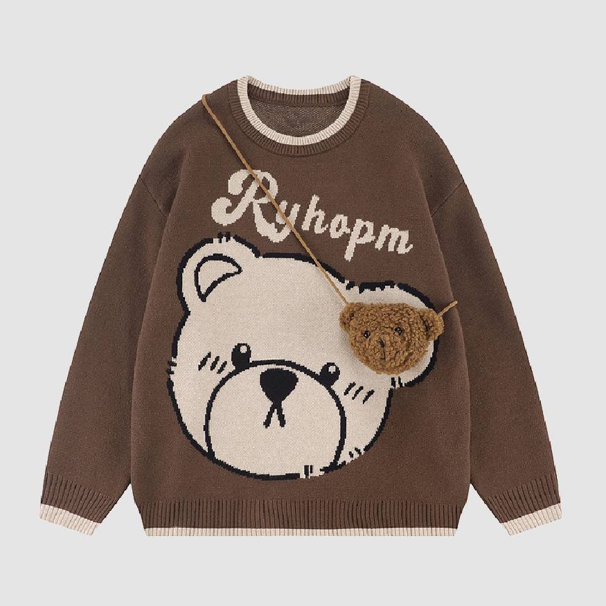 Style Core Aesthetics, New Style Trends Cute Bear Print Sweater + Bear Mini Bag