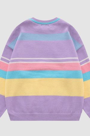 Style Core Aesthetics, New Style Trends Cute Bear & Stripe Pattern Sweater