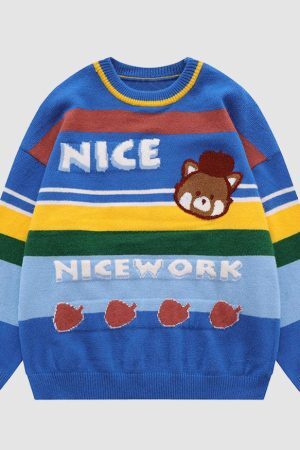 Style Core Aesthetics, New Style Trends Cute Bear & Stripe Pattern Sweater