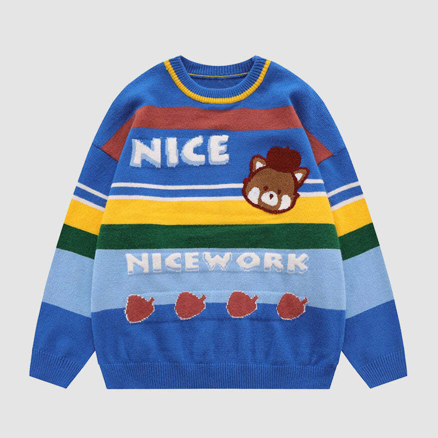 Style Core Aesthetics, New Style Trends Cute Bear & Stripe Pattern Sweater