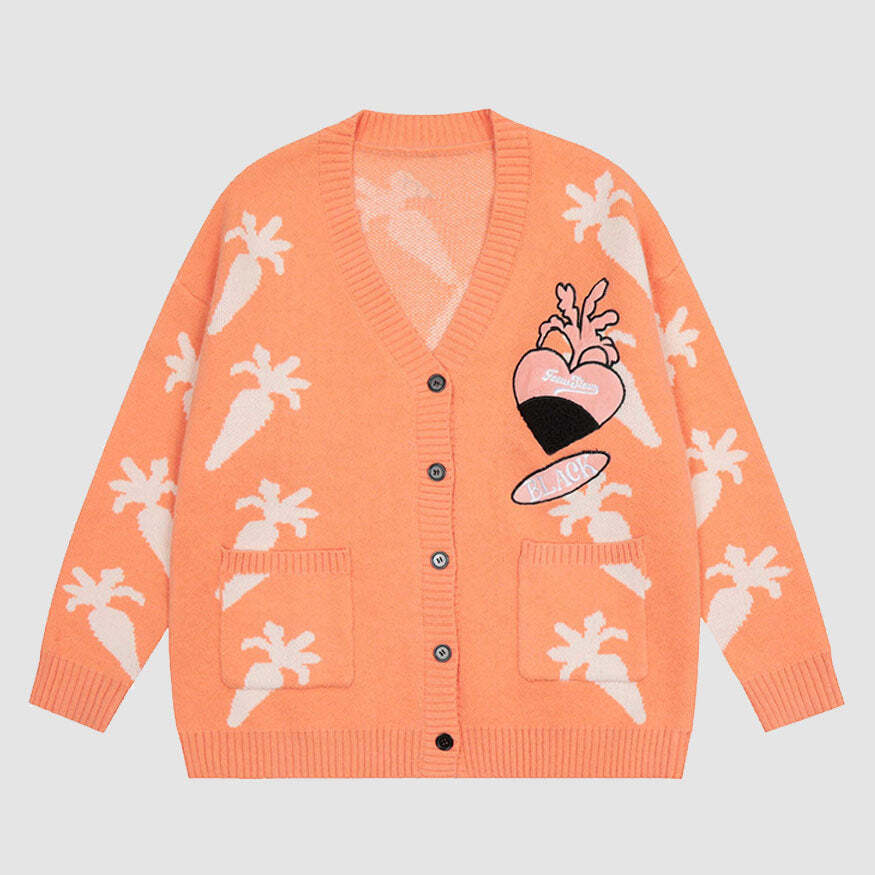 Style Core Aesthetics, New Style Trends Cute Carrot Pattern Cardigan Sweater