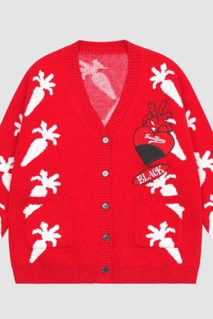 Style Core Aesthetics, New Style Trends Cute Carrot Pattern Cardigan Sweater