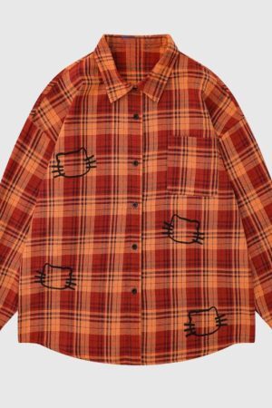 Style Core Aesthetics, New Style Trends Cute Cat Plaid Shirt
