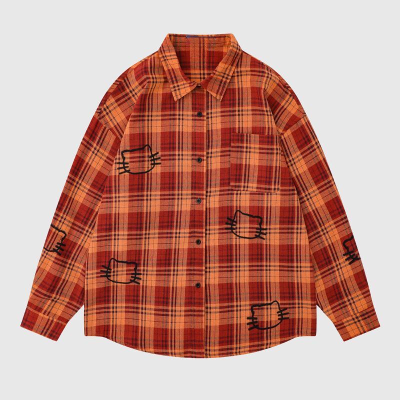 Style Core Aesthetics, New Style Trends Cute Cat Plaid Shirt