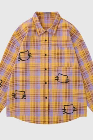 Style Core Aesthetics, New Style Trends Cute Cat Plaid Shirt