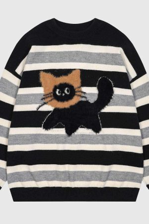 Style Core Aesthetics, New Style Trends Cute Cat Striped Sweater