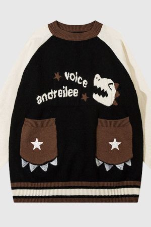 Style Core Aesthetics, New Style Trends Cute Dinosaur Pattern Patch Pocket Pullover