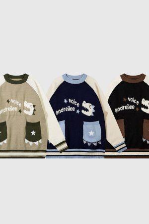 Style Core Aesthetics, New Style Trends Cute Dinosaur Pattern Patch Pocket Pullover