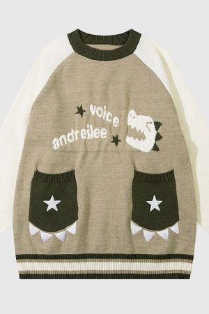 Style Core Aesthetics, New Style Trends Cute Dinosaur Pattern Patch Pocket Pullover