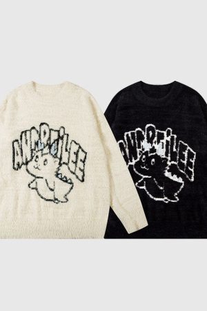 Style Core Aesthetics, New Style Trends Cute Dragon Embroidered Pullover