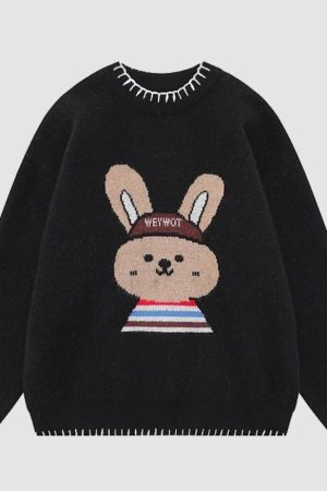 Style Core Aesthetics, New Style Trends Cute Rabbit Pattern Trim Sweater