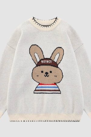 Style Core Aesthetics, New Style Trends Cute Rabbit Pattern Trim Sweater