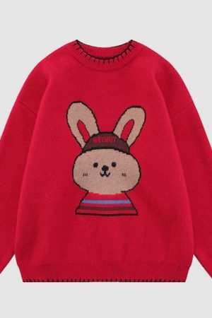 Style Core Aesthetics, New Style Trends Cute Rabbit Pattern Trim Sweater