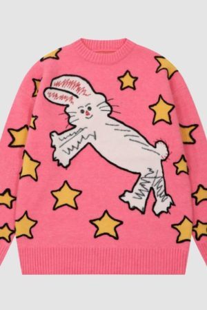 Style Core Aesthetics, New Style Trends Cute Rabbit & Star Pattern Sweater