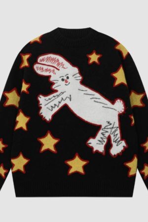 Style Core Aesthetics, New Style Trends Cute Rabbit & Star Pattern Sweater