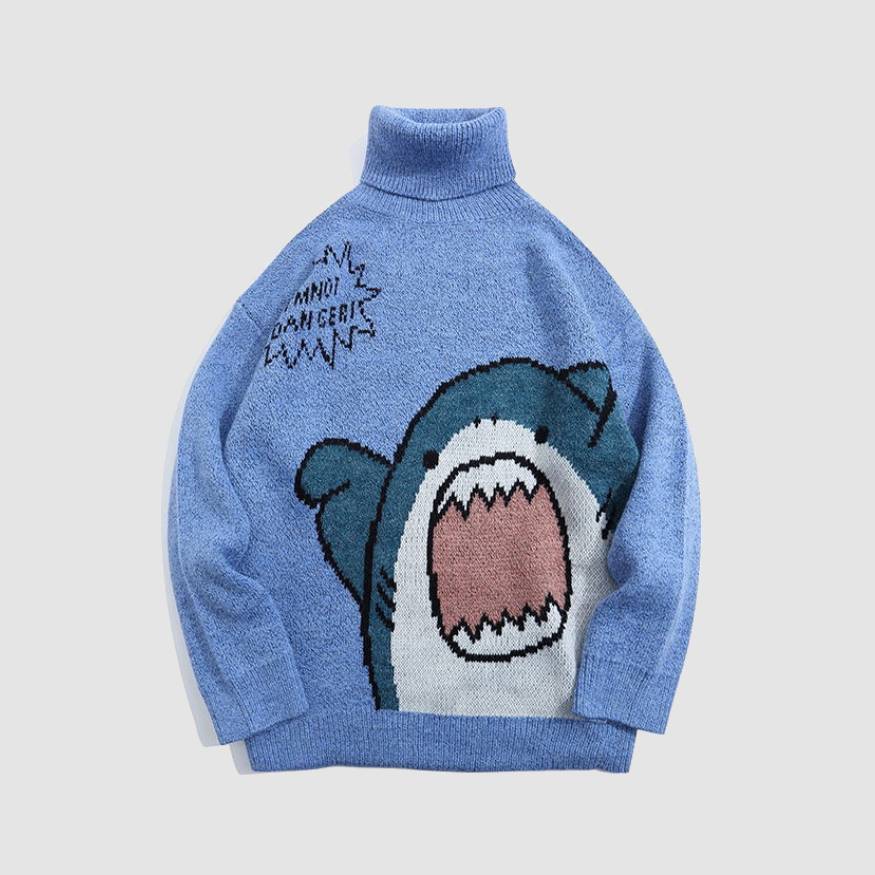 Style Core Aesthetics, New Style Trends Cute Shark Pattern Turtleneck Knit Sweater