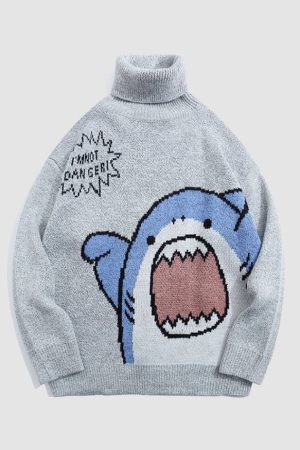 Style Core Aesthetics, New Style Trends Cute Shark Pattern Turtleneck Sweater