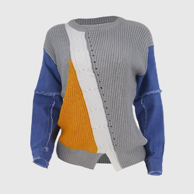 Style Core Aesthetics, New Style Trends Denim Patchwork Color Contrast Design Pullover