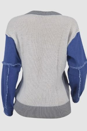 Style Core Aesthetics, New Style Trends Denim Patchwork Color Contrast Design Pullover