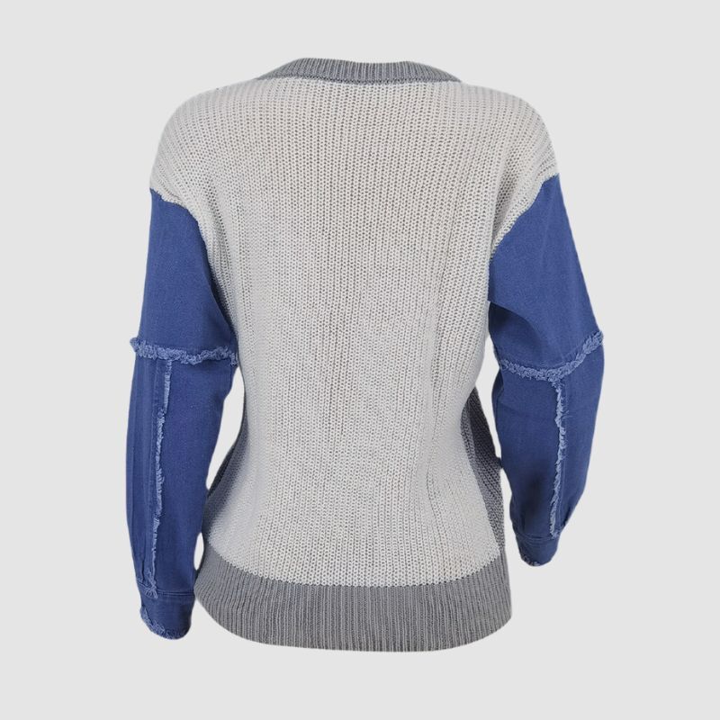 Style Core Aesthetics, New Style Trends Denim Patchwork Color Contrast Design Pullover Style Core Aesthetics, New Style Trends Denim Patchwork Color Contrast Design Pullover