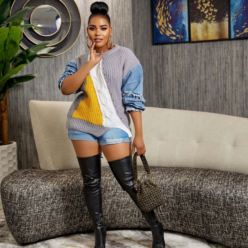 Style Core Aesthetics, New Style Trends Denim Patchwork Color Contrast Design Pullover Style Core Aesthetics, New Style Trends Denim Patchwork Color Contrast Design Pullover