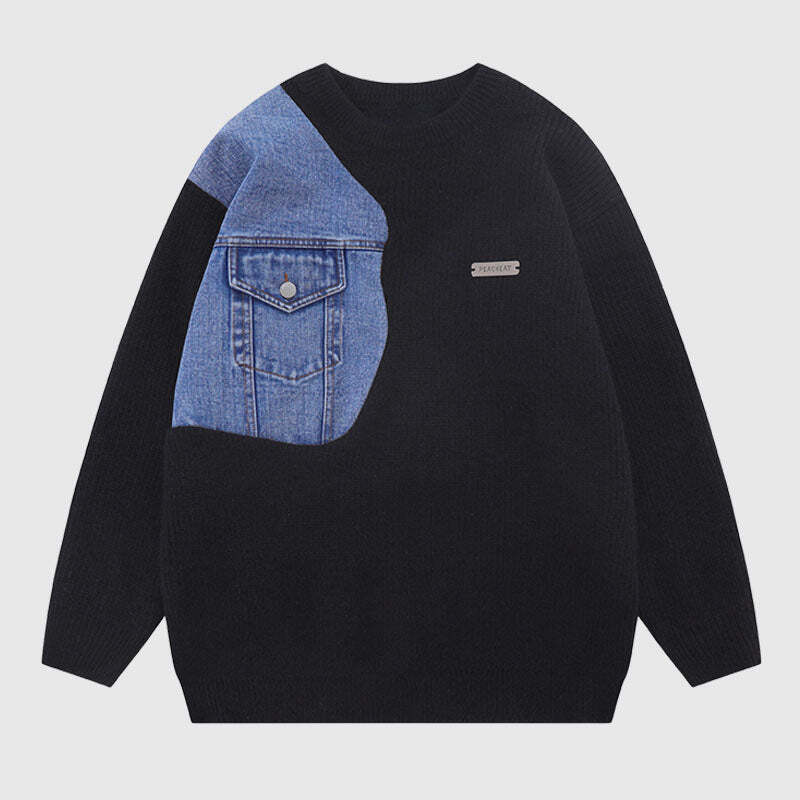 Style Core Aesthetics, New Style Trends Denim Patchwork Design Pullover