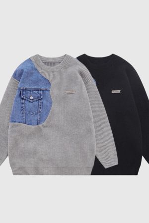 Style Core Aesthetics, New Style Trends Denim Patchwork Design Pullover