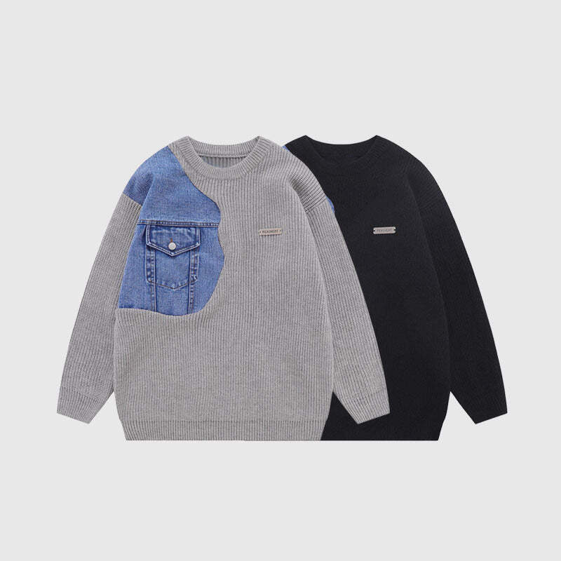 Style Core Aesthetics, New Style Trends Denim Patchwork Design Pullover Style Core Aesthetics, New Style Trends Denim Patchwork Design Pullover